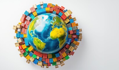 Colorful shipping containers around a globe symbolizing international trade. - obrazy, fototapety, plakaty
