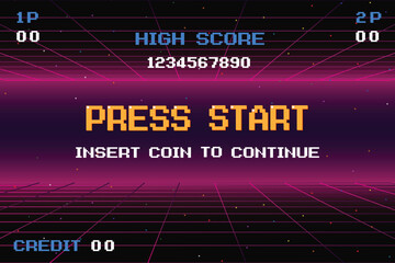 PRESS START insert coin to continue. Synthwave wireframe net illustration. pixel art .8 bit game. retro game. for game assets .Retro Futurism Sci-Fi Background. glowing neon grid and stars. - obrazy, fototapety, plakaty