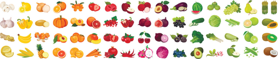 Set of berries and fruits, vegetables on a white background. Vector icon