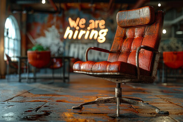 An empty office chair in a modern open plan office. Job opportunity and recruitment