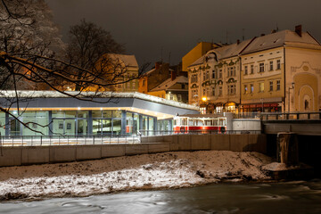 New information center building on Polish-Czech border in Cieszyn in winter evening