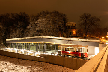 New information center building on Polish-Czech border in Cieszyn in winter evening