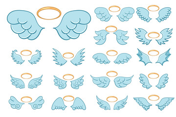 Angel winged glory halo cute cartoon drawings isolated on white background. Flying angel wings with a golden halo in flat style. Cartoon illustration.
