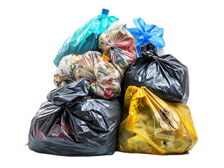 A large pile of garbage plastic bags on transparent background PNG. Plastic waste problem concept. World overflowing garbage.