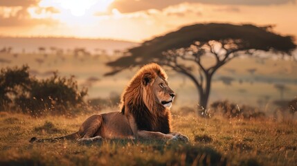 Lion king male lion, looking for his area during the sunrise, lying on savannah grass. Landscape...