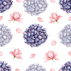 Hand-drawn watercolor seamless pattern with hydrangea