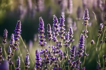 Spanish lavender flowers in a garden with a gentle backdrop blur. A variety of lavender known as butterfly lavender 