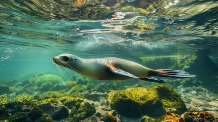 Obraz premium Sea lion swimming underwater in the lake