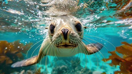 Sea lion swimming underwater in the lake