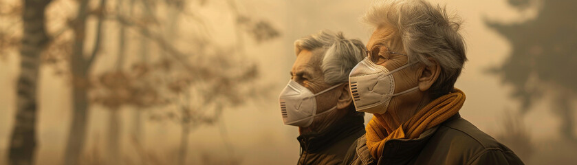 A couple wearing masks walk down a street. City full of Dust PM 2.5 pollution that effect to health. Healthcare and medical concept. - obrazy, fototapety, plakaty