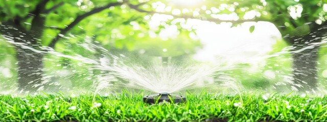 Fototapeta na wymiar Sprinklers watering grass, emerald lawn in garden