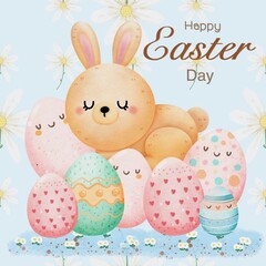Cute bunny with easter eggs, png illustration  watercolor on transparent background, for your print