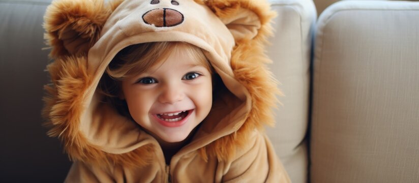A happy toddler wearing a lion costume with a fur helmet, smiling and having fun. Perfect photo caption for a travel adventure or fashion accessory
