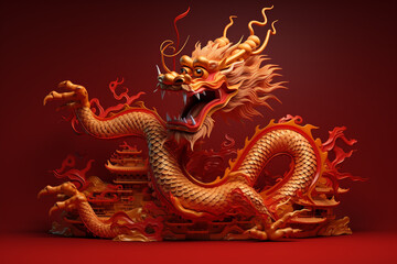 3D golden Chinese dragon on a red background. Chinese New Year festival celebration. Generative AI
