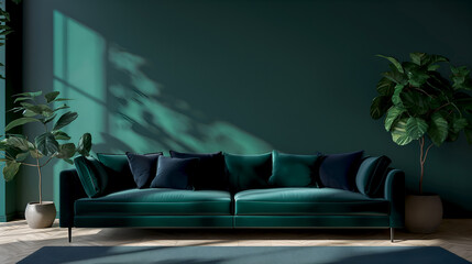 Luxurious emerald sofa in a dark moody interior. Elegant green velvet couch with indoor plant decor. Chic dark green sofa with contrasting cushion colors against empty wall, interior mock up - obrazy, fototapety, plakaty