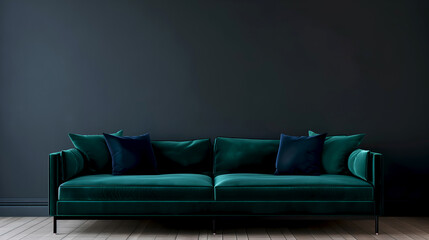 Emerald green sofa with deep green hue against a dark green wall, minimalistic interior. Dark teal sofa in a minimalist black wall interior. Contemporary couch with blue pillows and wooden floor