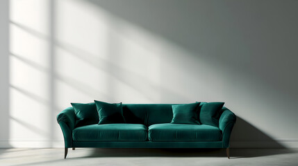 Stylish emerald green sofa with velvet texture against the wall in natural lightening, minimalistic. Sleek teal sofa against bright window lit wall. Modern green couch with shadow play in a white room