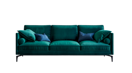 Velvet luxury couch in emerald, isolated. Interior design element. Plush teal velvet sofa isolated on transparent background. Rich emerald green sofa with comfortable pillows, minimal style, isolated