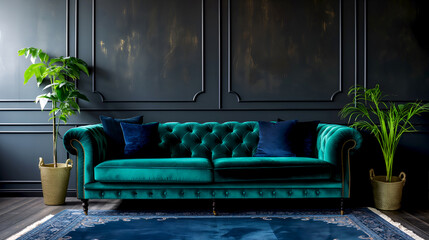 Velvet tufted green sofa in teal with classic dark wall paneling. Vintage style chesterfield couch with indoor plants decor. Opulent green sofa set against a traditional panel empty wall, mock up