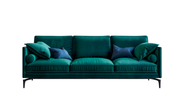 Velvet luxury couch in emerald, isolated. Interior design element. Plush teal velvet sofa isolated on transparent background. Rich emerald green sofa with comfortable pillows, minimal style, isolated - Powered by Adobe