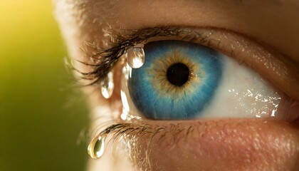 close up of a female eye, wallpaper Sad woman concept - closed eyelid closeup with a teardrop on eyelashes. A tear on eyelashes macro close-up. A tear runs down his cheek. Tinted blue - obrazy, fototapety, plakaty