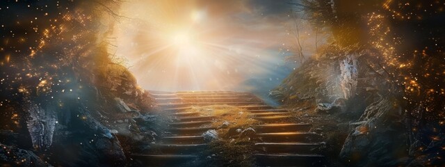 Stairway leading to heaven with light rays - obrazy, fototapety, plakaty