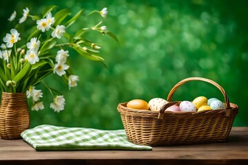 a wooden table with an empty basket and a tablecloth against a green bokeh background. Easter and springtime mockups for design.