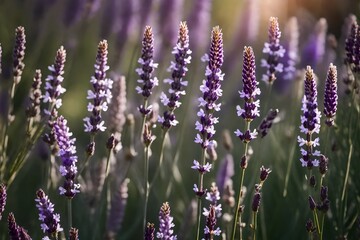 Fototapeta premium Spanish lavender flowers in a garden with a gentle backdrop blur. 