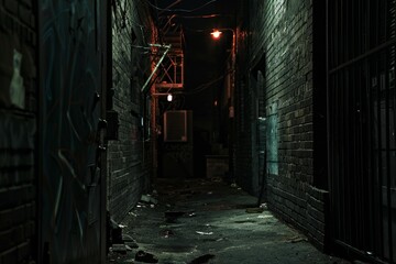 A dark alleyway with graffiti on the walls and a broken window