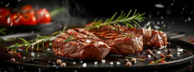 Succulent thick grilled beef steak trimmed for fat for a healthy diet on a griddle with a sprig of fresh rosemary and seasoned with salt and peppercorns. Creative Banner. Copyspace image - obrazy, fototapety, plakaty
