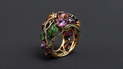Ring with cut gemstones capturing the solemn beauty of a misty morning