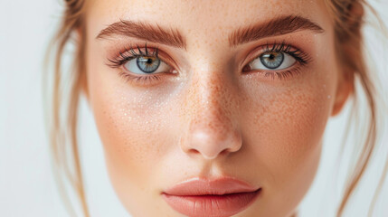 Close-up of a young woman with freckles and striking blue eyes