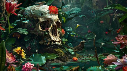 A haunting skull lies submerged in the dense underbrush of a rainforest, surrounded by vibrant lotus flowers and foliage. - obrazy, fototapety, plakaty