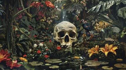 A human skull sits amidst a vibrant, enchanted jungle setting, complete with tropical birds and a diverse array of flora.