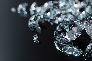 a hyper realistic shot of beautiful diamond, diamondin different sizes and shapes, on a black 