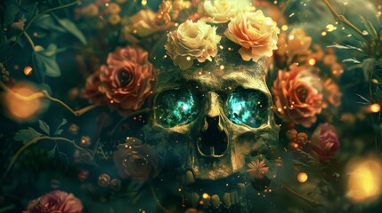An enchanted skull with sparkling celestial eyes is cradled by a tapestry of blooms, creating a magical and otherworldly vision.