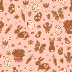 Pink Easter gingerbread cookies seamless pattern with tasty rabbit bunny, cute chicken, Easter cake, eggs. Vector spring food illustration, tasty bakery elements for textile design, wallpaper, print.