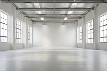 A modern, white warehouse interior, devoid of any items.. Generated AI