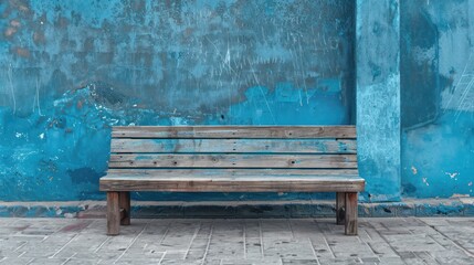 Weathered wooden bench on blue wall background, AI generated image.