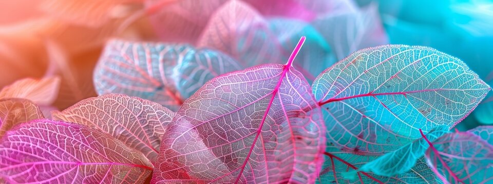Texture transparent skeleton leaves turquoise pink color. Bright expressive colorful beautiful artistic image of nature.