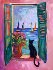 A painting of a cat sitting by a window, gazing outside