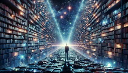 Person silhouetted against a futuristic library of light and knowledge, a metaphor for the quest for enlightenment - obrazy, fototapety, plakaty