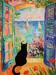 A painting of a cat sitting at an open window, looking outside curiously