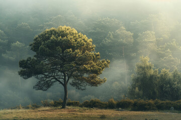 Obraz na płótnie Canvas Lone pine tree in misty morning light with forest backdrop