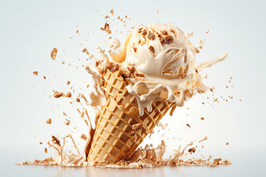 ice cream splashing out of a waffle cone on white background