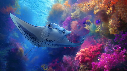 Majestic manta ray glides through crystal-clear waters, surrounded by vibrant coral reefs and a school of small fish, under a sunlit, blue ocean surface - obrazy, fototapety, plakaty