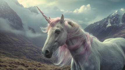 Obraz na płótnie Canvas Majestic Silver Unicorn with Pink Mane in Misty Mountain Landscape