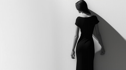 Minimalist poster featuring silhouette of woman in sleek black dress against a white background, exuding elegance and simplicity in design - obrazy, fototapety, plakaty