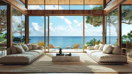 luxurious bright interior of the Contemporary Living Room, with a stunning sea view, Summer vacation background or work at home, sea life concept, illustration