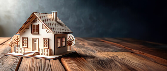Elegant Wooden House Model on Textured Planks: Ideal Banner for Real Estate Websites, Mortgage Services, and Home Insurance, with Space for Logos and Web Icons